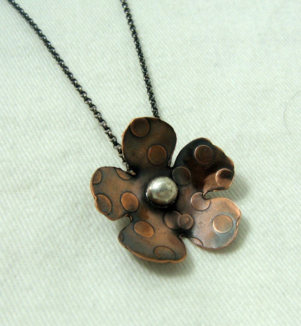Polka Dot Copper Flower Necklace, handcrafted artisan jewelry by jewelrybyfrancine on etsy