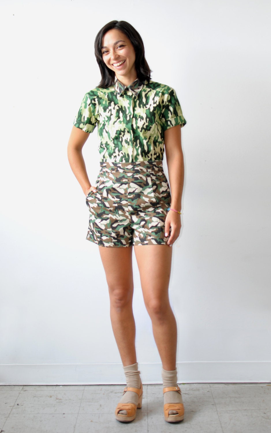 Tan Camo print high-waist shorts