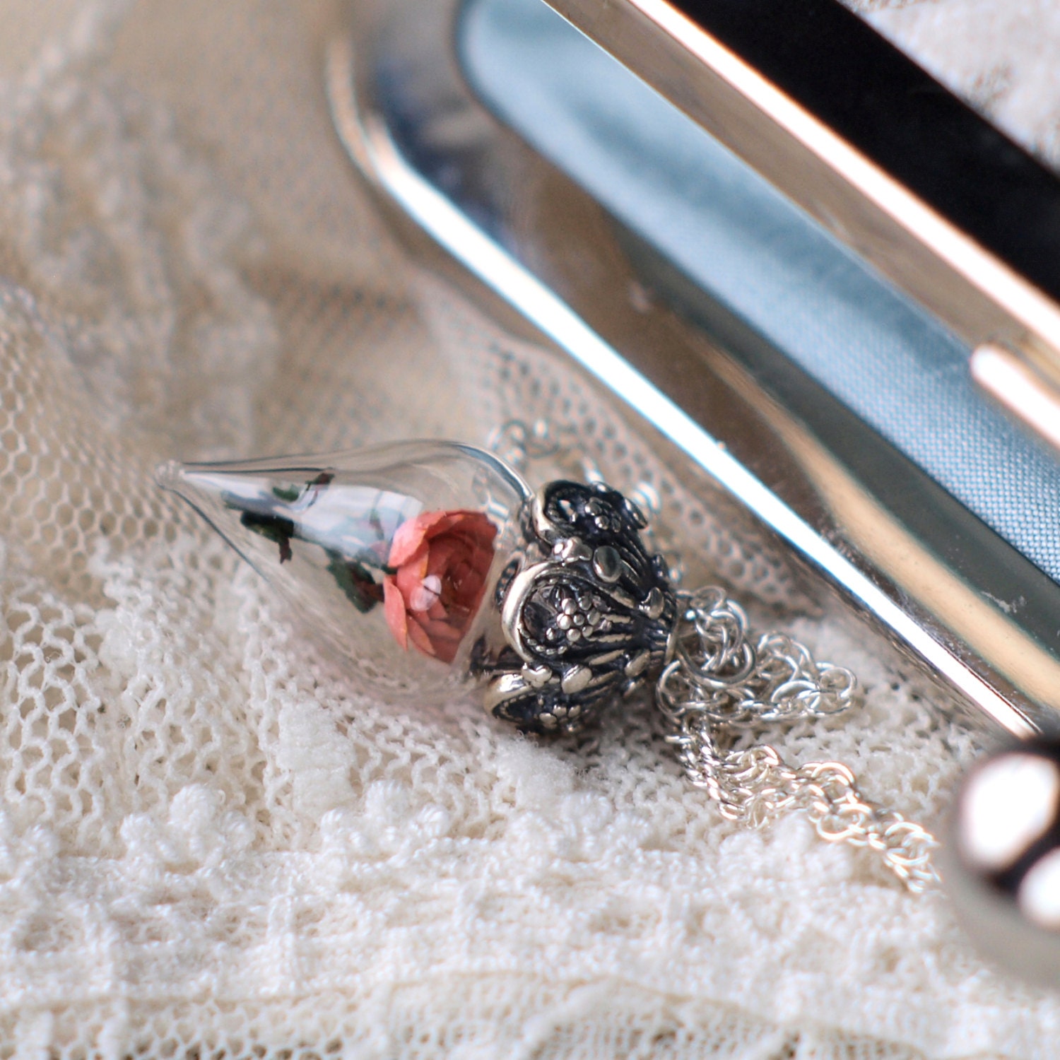 Peach Coral Rose Flower Glass Vial Terrarium Necklace by Woodland Belle