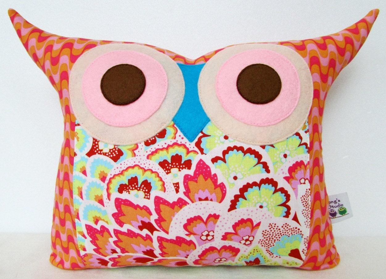 Pink / Blue/Amy Butler Soul Blossoms owl pillow/ room decor/kids decoration/for her/Ready to ship