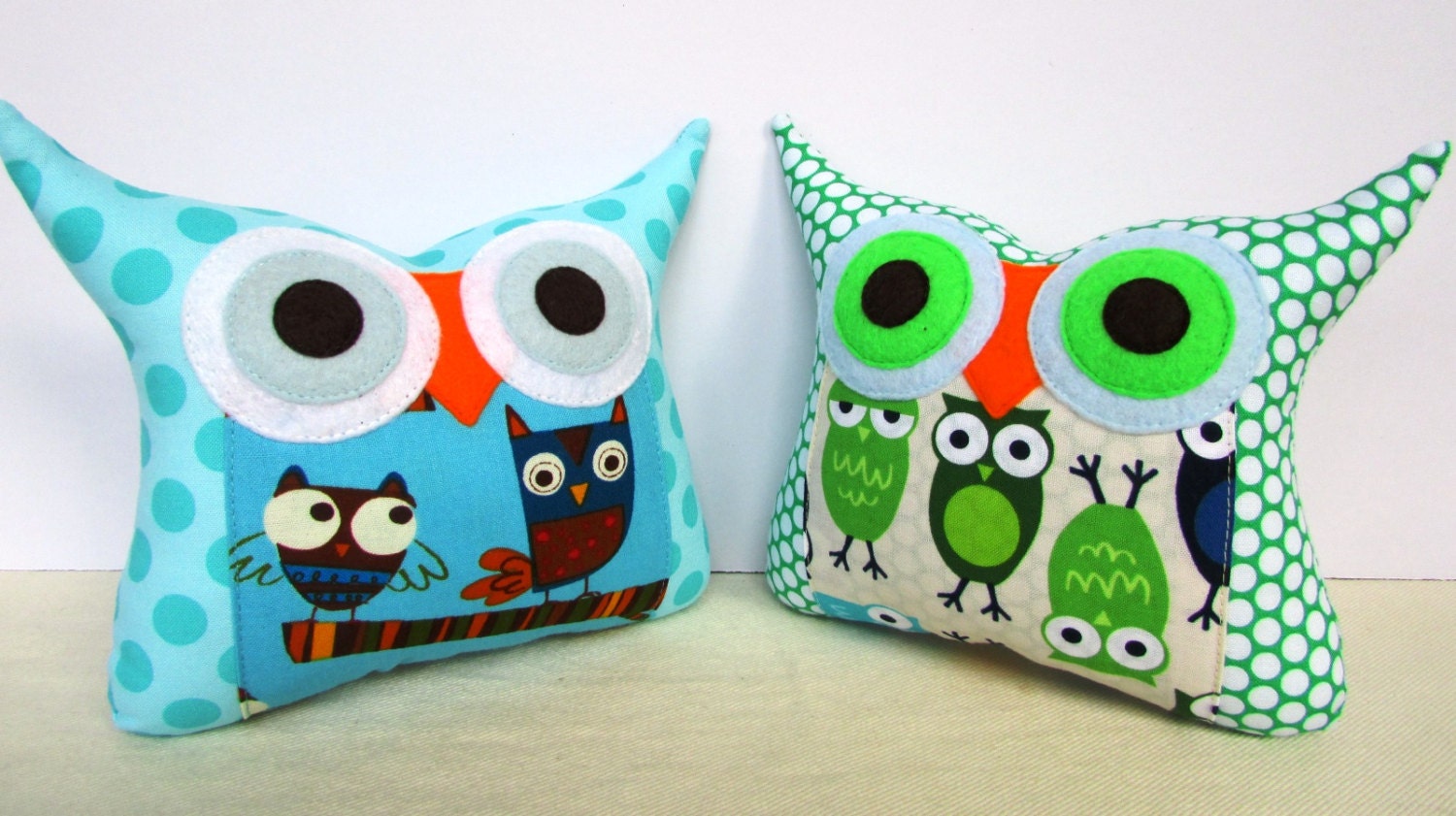 TWO Aqua/blue/green/kids and baby Gift under 25/ TWO Polyfil Stuffed little owl pillows/owl print/ decoration/collection - Ready to ship