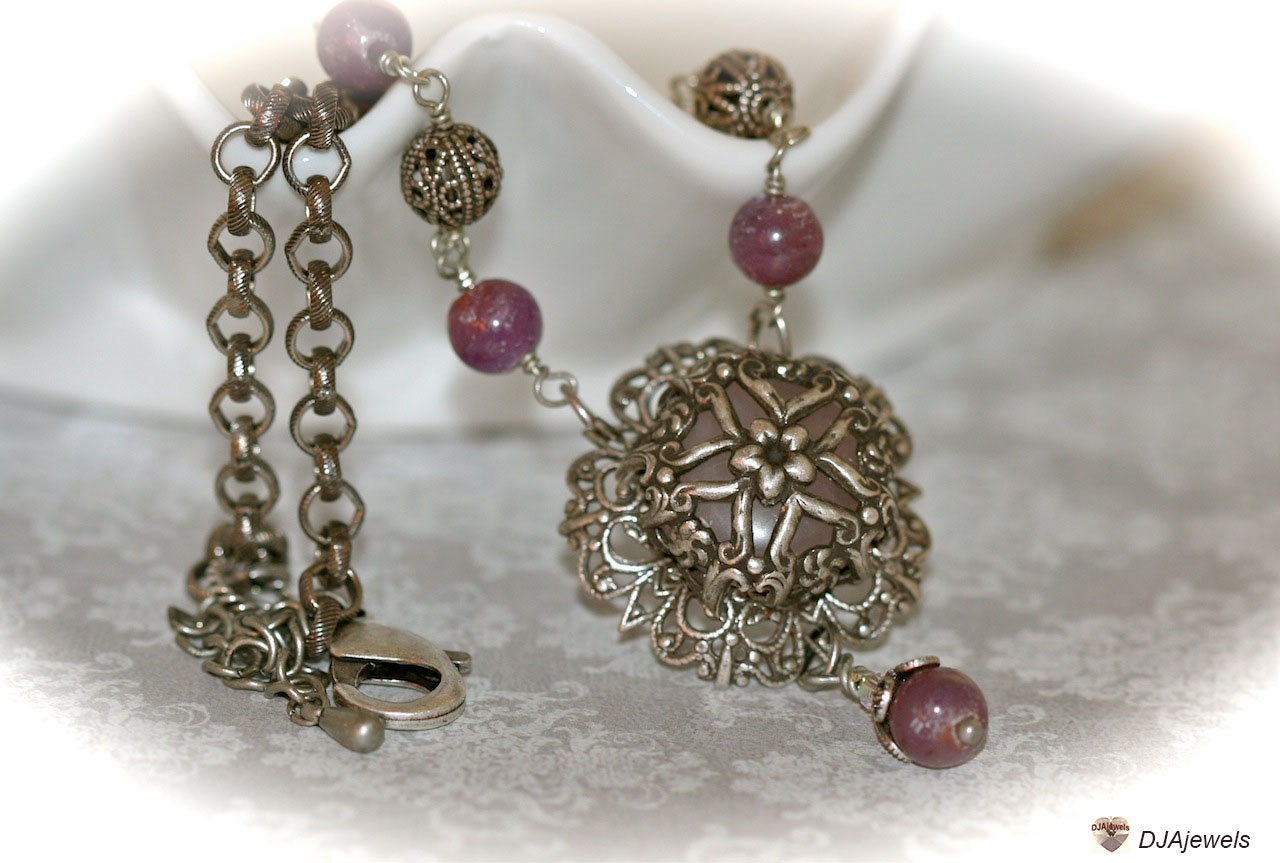 Ruby Rose Quartz Necklace. Silver Filigree. Victorian.