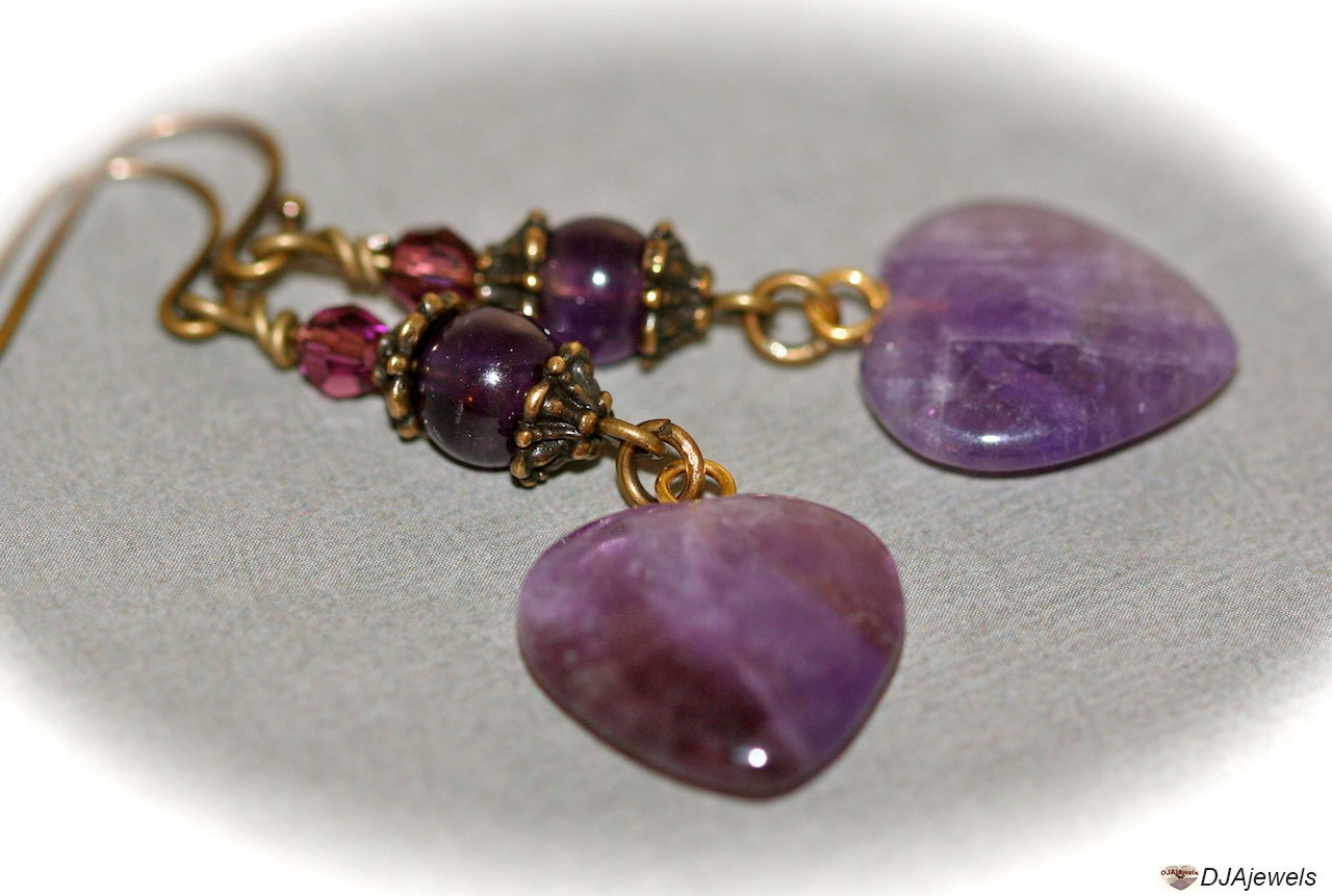 Amethyst Heart Earrings.Antique Brass. Deco. Nouveau.