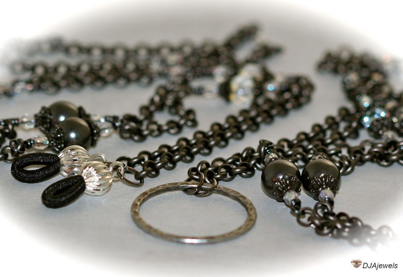 Black Pearl Crystal Eyeglass Chain. Loop. Lanyard.
