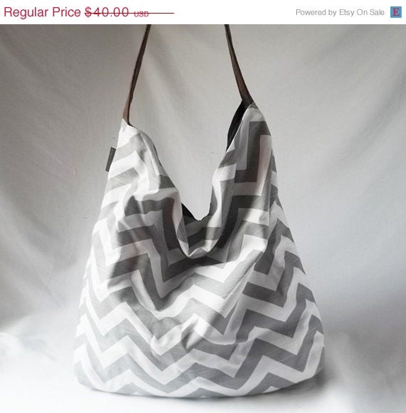 Weekend Sale - Grey Chevron Hobo - Zig zag handbag with Brown vegan suede strap - Handmade bags - Made to Order