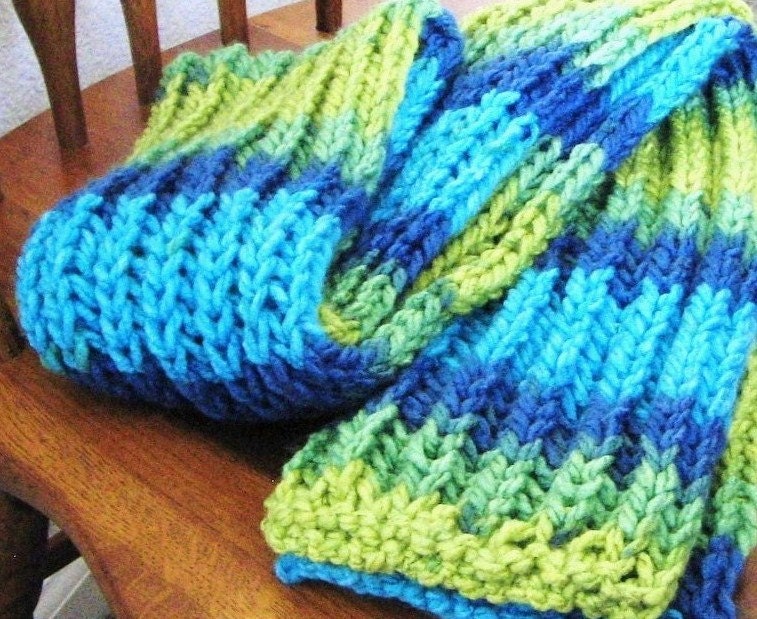 Warm Knit Scarf - Hand Knit Womens Accessories - Multicolor Turquoise Blue Green - Ribbed Scarf