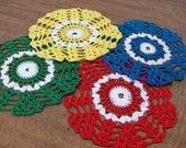 Hand Crocheted Coasters - red, blue, yellow, and green