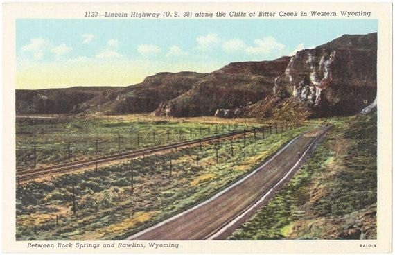 Vintage Wyoming Postcard - Lincoln Highway along the Cliffs of Bitter Creek (Unused)