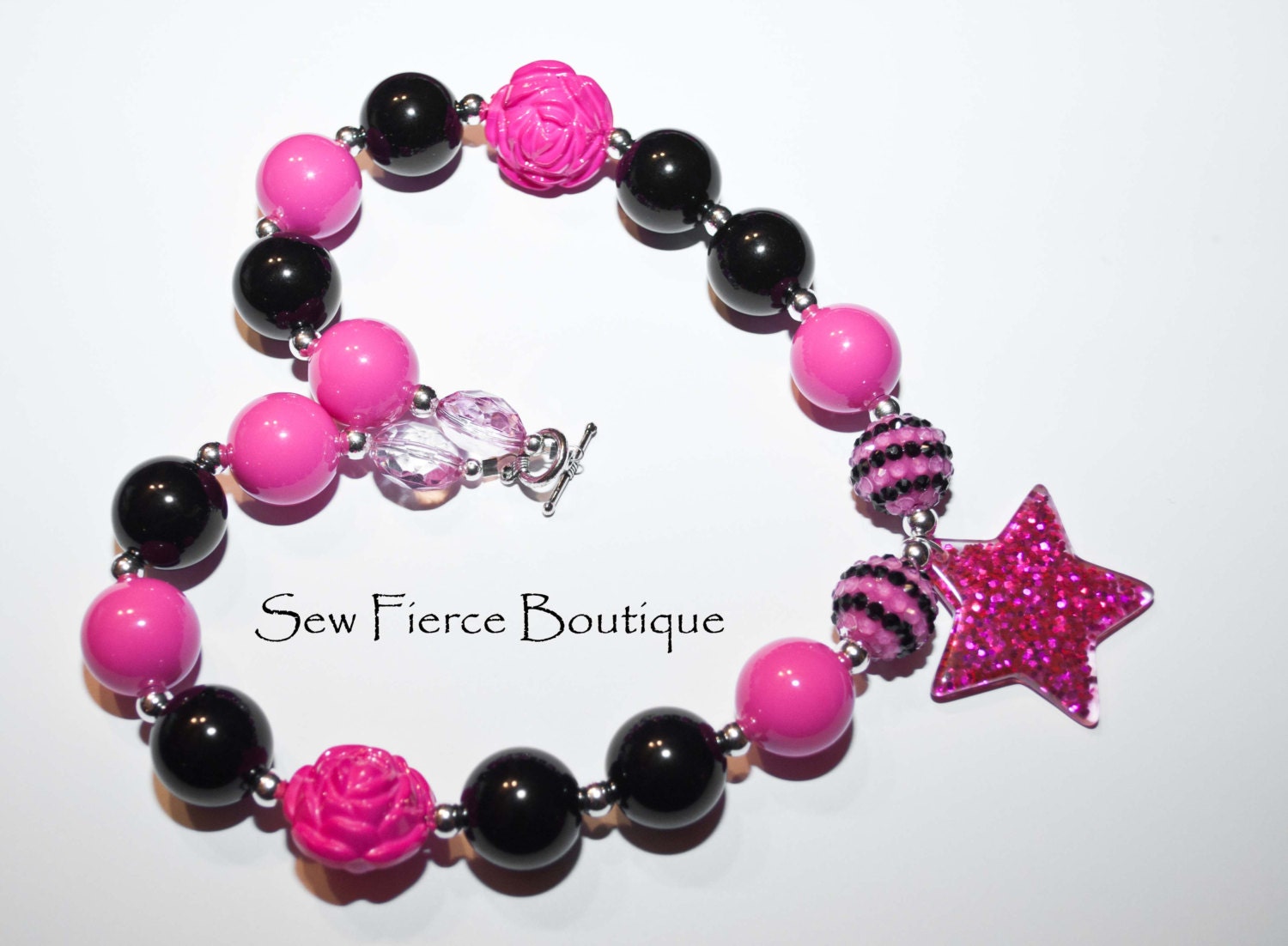 Girls Hot Pink Black Sparkle Chunky Necklace
