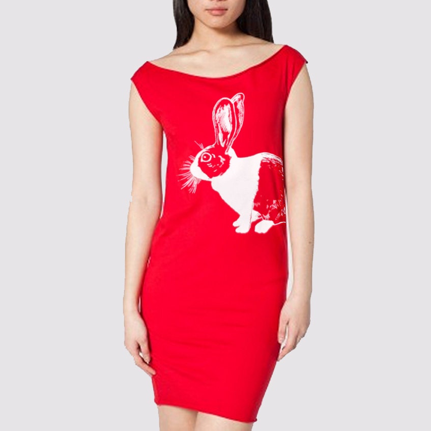 Sale - Dutch Rabbit tshirt dress - eco-friendly white ink screenprint on red cotton - womens sizes S, M, L, XL