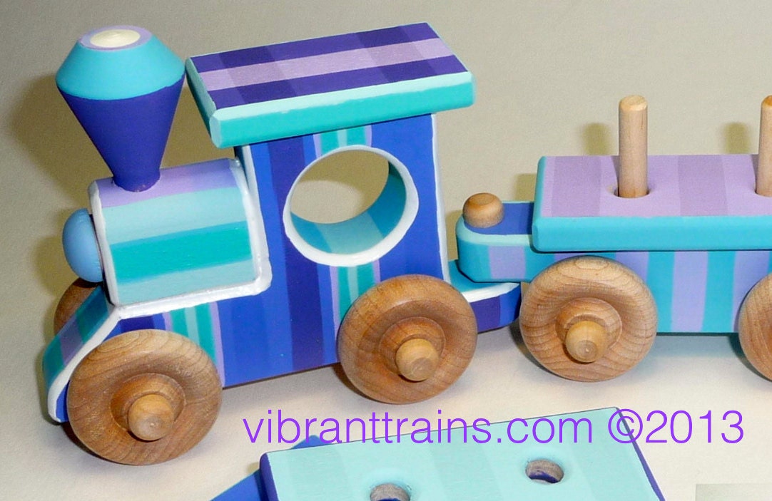 Ready to Ship THREE CAR Chunky Wood Toy Train Ready To Ship custom made and hand painted in purples blues aqua and white and customizable