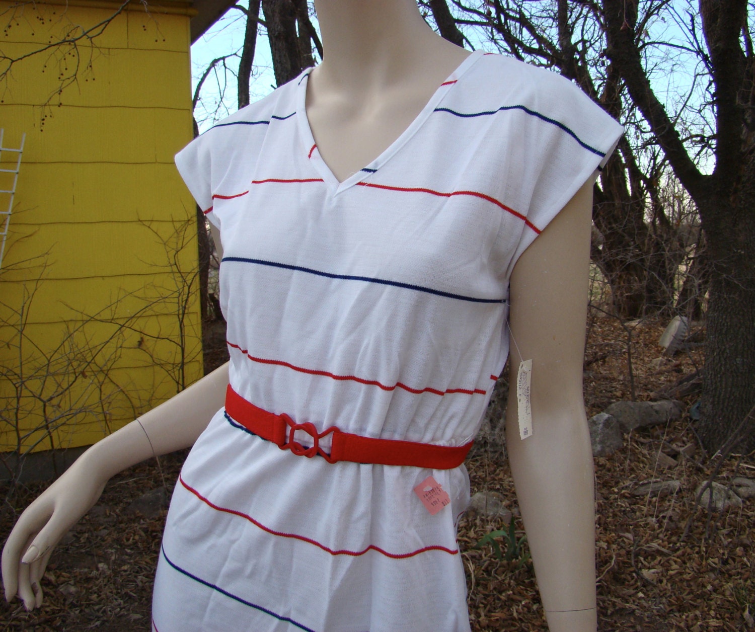 Striped Geometric Dress- White, Navy Blue, Red- Nautical Inspired Geometric Cut- 1970's