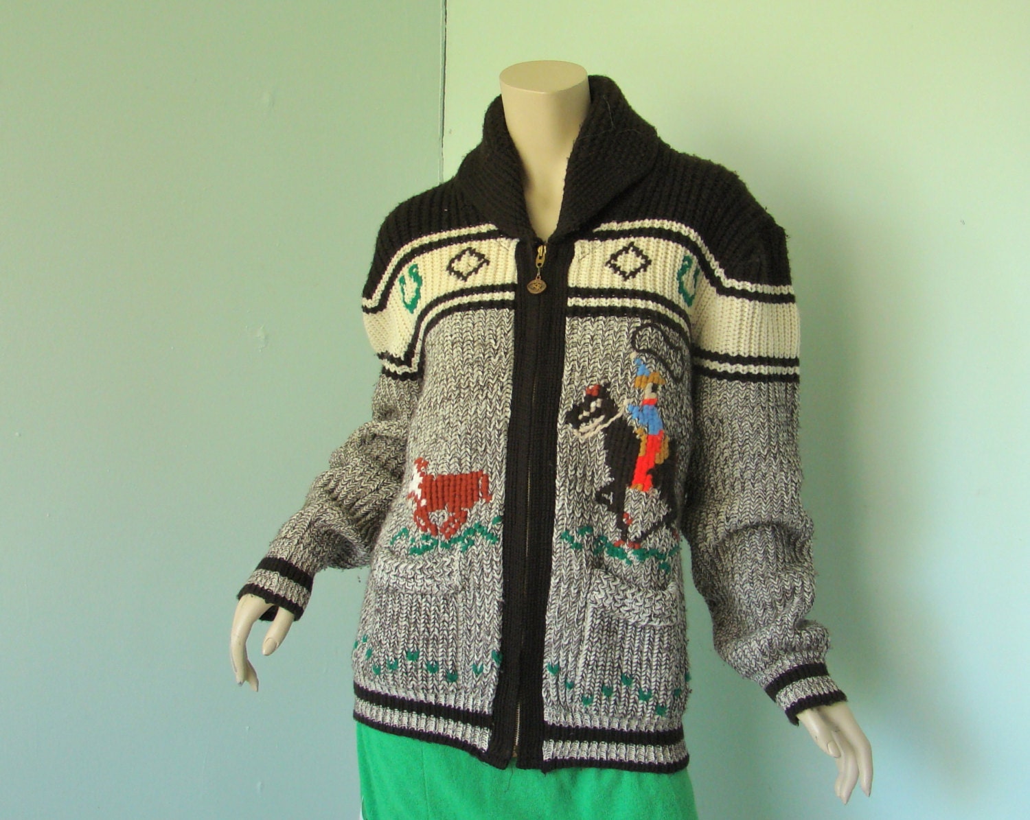 Rodeo Cardigan Sweater- 1960's Men's Cowboy & Calf Design in Brown Wool- Lasso, Horseshoes, Zipper