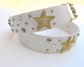 80s Leather Belt, Studded Sea Goddess Belt Dolphins Sea Stars White Gold S to M