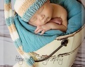 Baby Tail Pom Hat, Newborn Photo Prop, knit, dusty aqua, tan, cream