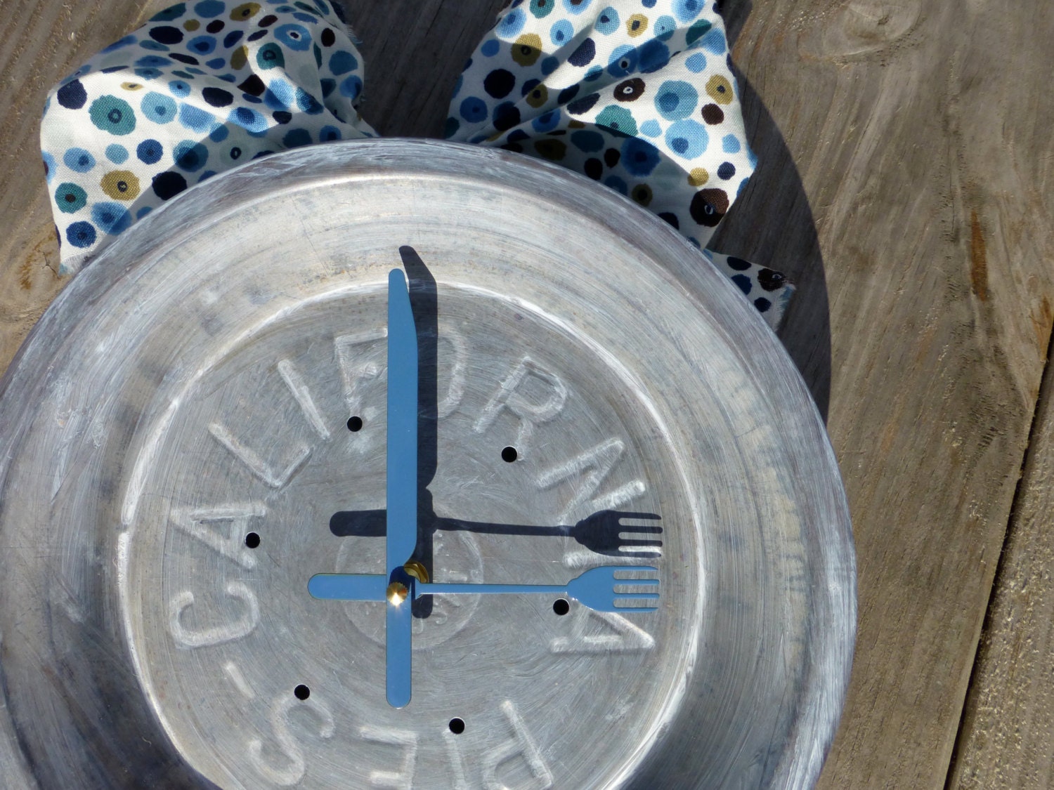 Vintage California Pie Tin Clock- Kitchen Wall Clock- Unique Clock- Wall Clock