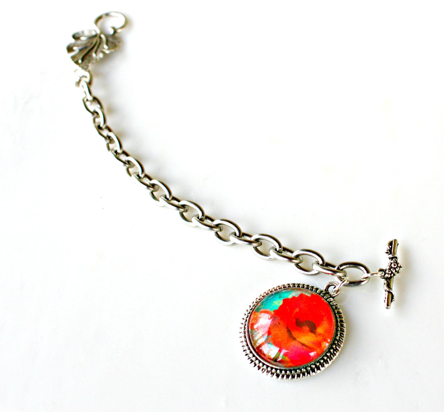 Flower Charm Bracelet - Red Poppy Flower Charm with Silver Classic Link Chain by Mei Faith