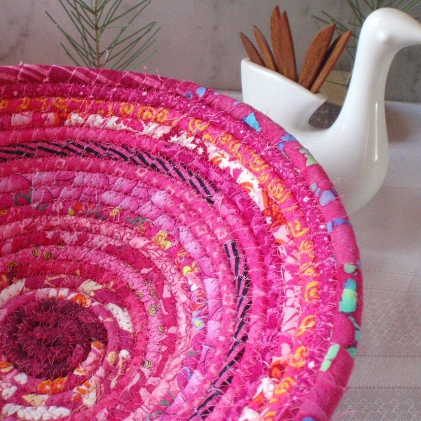 Bright Pink Gypsy - Round Coiled Bohemian Basket - YellowViolet
