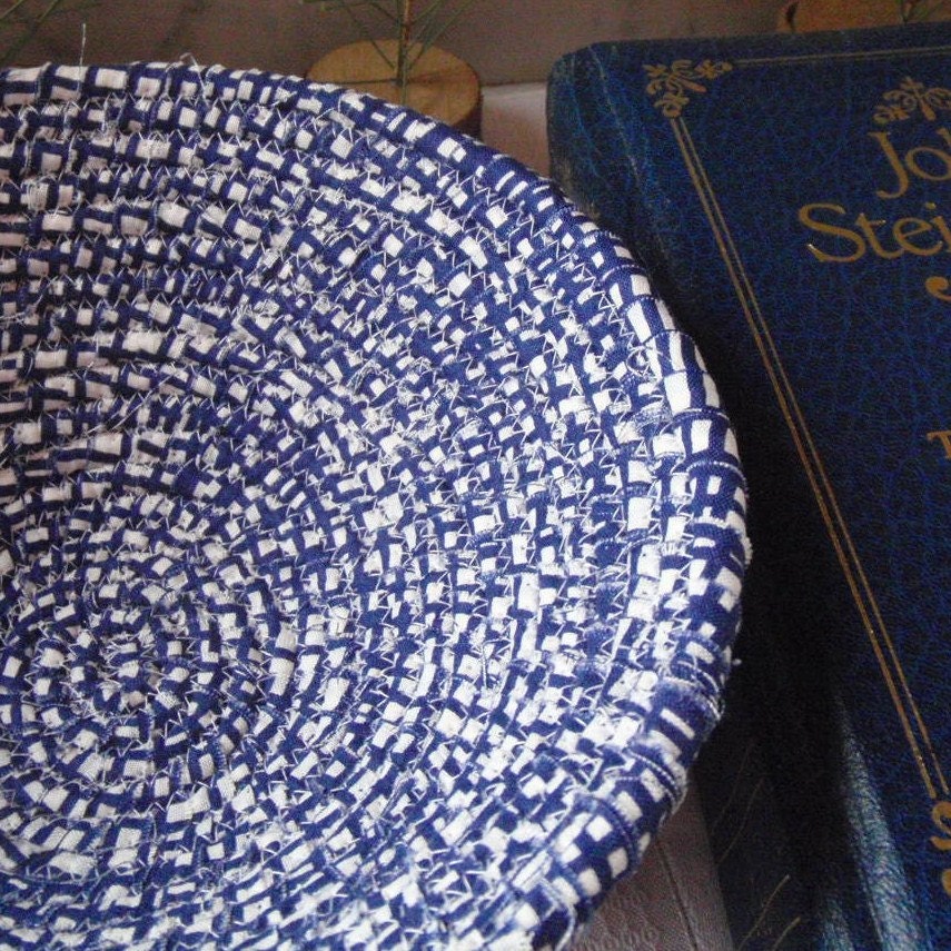 Coiled Fabric Basket - Staccato - Navy Blue and White, Contemporary, Swirl, Graphic, Handmade Coiled Bowl, Organizer