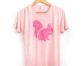 Neon Pink Squirrel HAND STENCILED Animal Series - Viscose Scoop Neck Oversized Tee in Peach - S M L XL