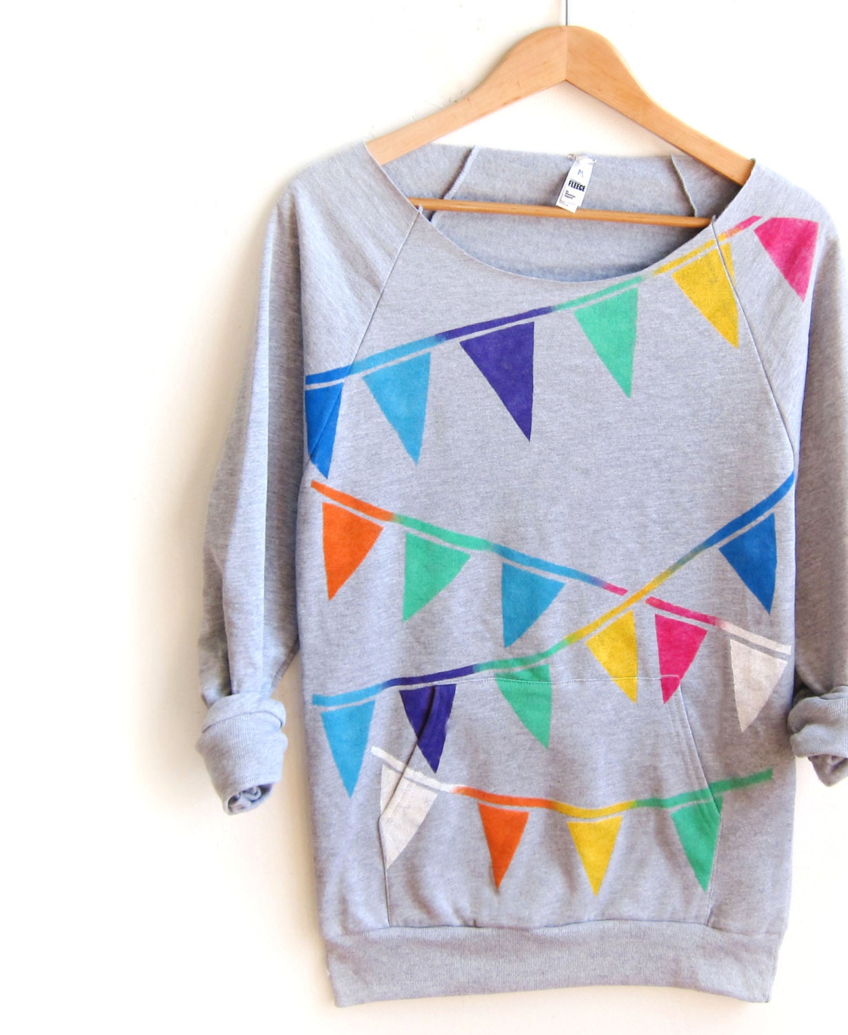 Triangle Bunting Banner Hand STENCILED Deep Scoop Neck Heather Sweatshirt in Ash Grey Multi Rainbow - S M L XL 2XL