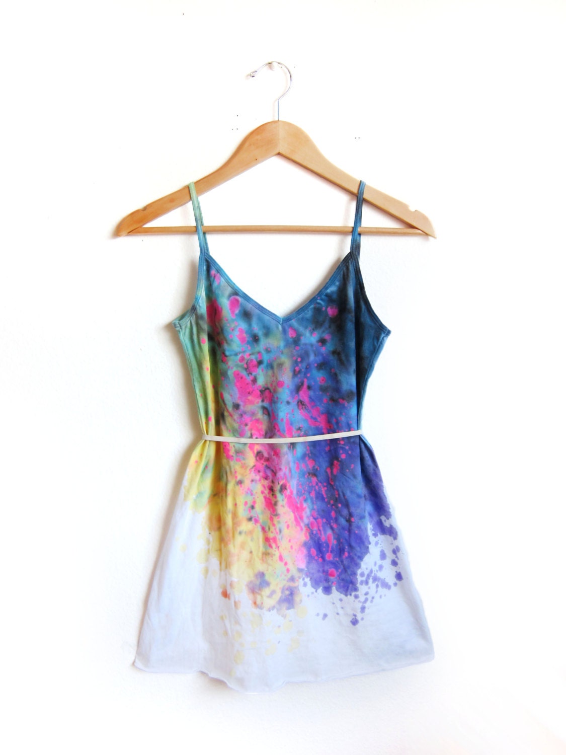 The Original "Splash Dyed" Hand PAINTED Deep V Neck Spaghetti Strap Mini Tunic Tee Dress in White Spectrum Rainbow - XS S M L XL