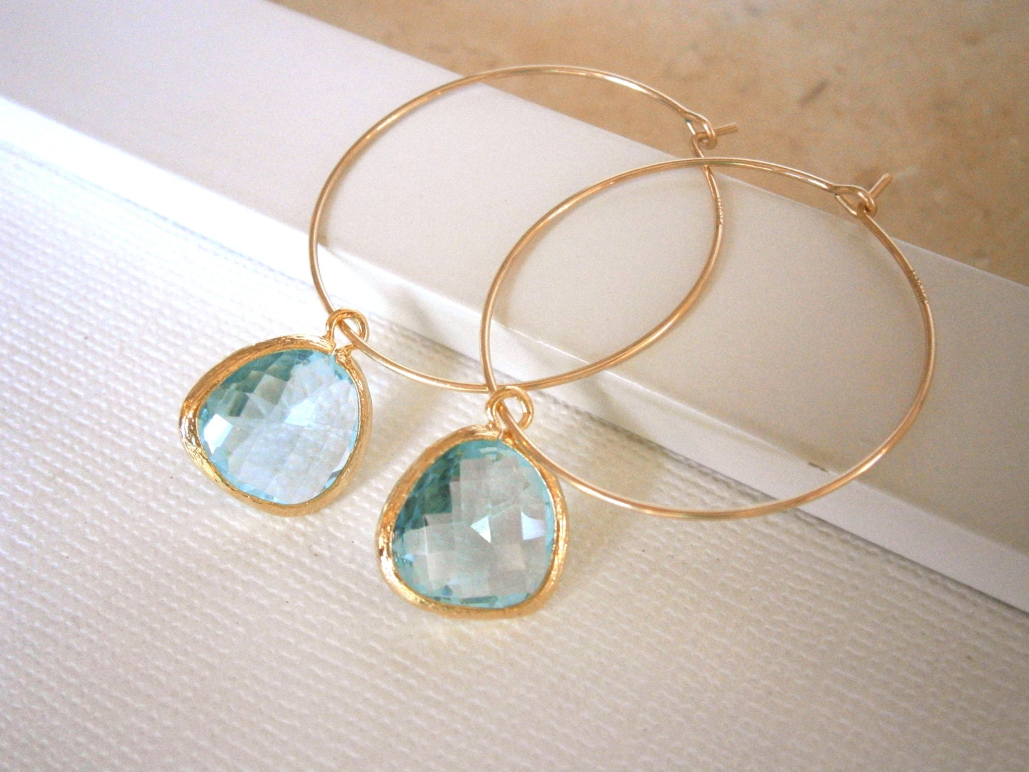 Aquamarine Glass Earrings, Gold Hoop Earrings, Simple, Modern, Everyday Bridal Jewelry,  Bridesmaid Earrings