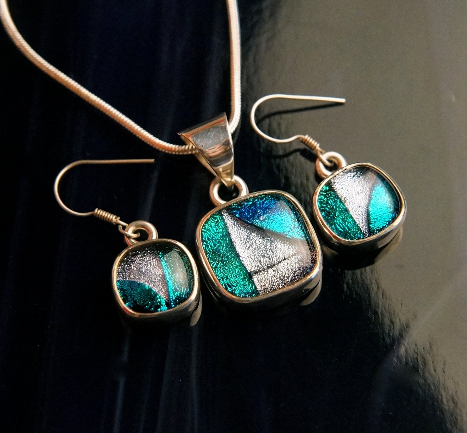 Solid .925 Sterling Slver and Dichroic Fused Glass Necklace Earrrings ...matching set...