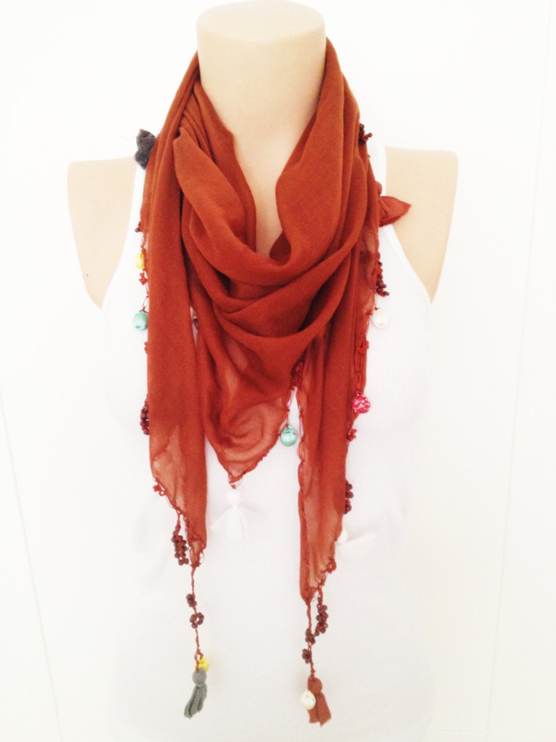 Cinnamon  Cotton Triangle Scarf pareo With Colorful Tasseled - cookieletta