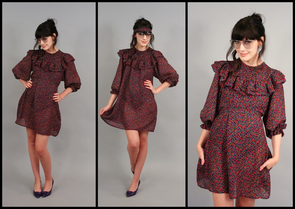 Vintage Semi Sheer Tent Secretary Floral Mini Dress w/ Ruffle Collar ( O )