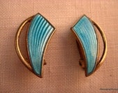 Antique Guilloche Blue Enamel Earrings Goldtone Norway AKSEL HOLMSEN Mid Century Clip On