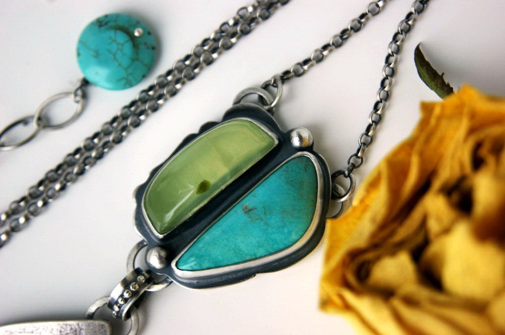 Awaiting the Leaves of Spring - Turquoise and Prehnite Sterling Silver Necklace