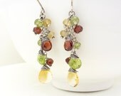 Peridot and citrine earrings, Sterling silver Garnet and peridot earrings, Yellow, red and green gemstone earrings