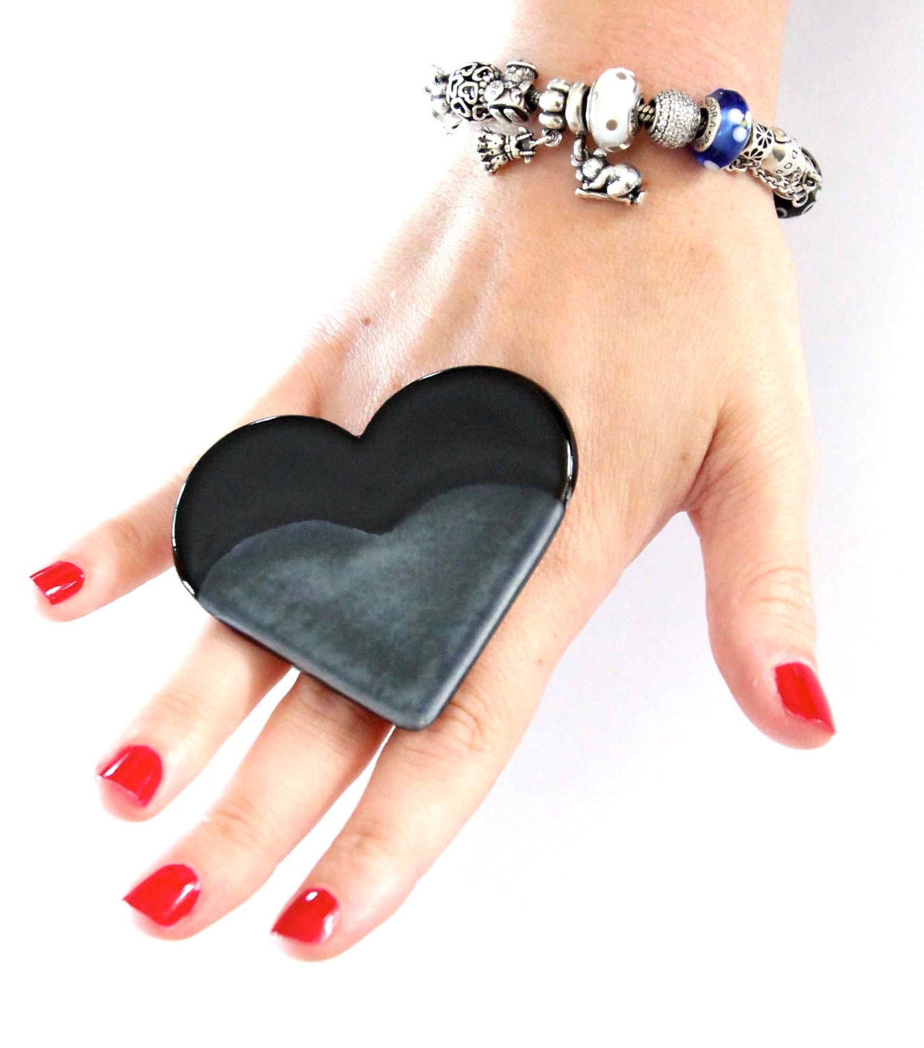 HEART Ring Ceramic  -  Avant Garde - oversized handmade adjustable cocktail ring - 2.5 inch