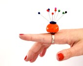 Pin Cushion Ring Ceramic ,  big bold oversize outrageous handmade cocktail ring - Neon Orange