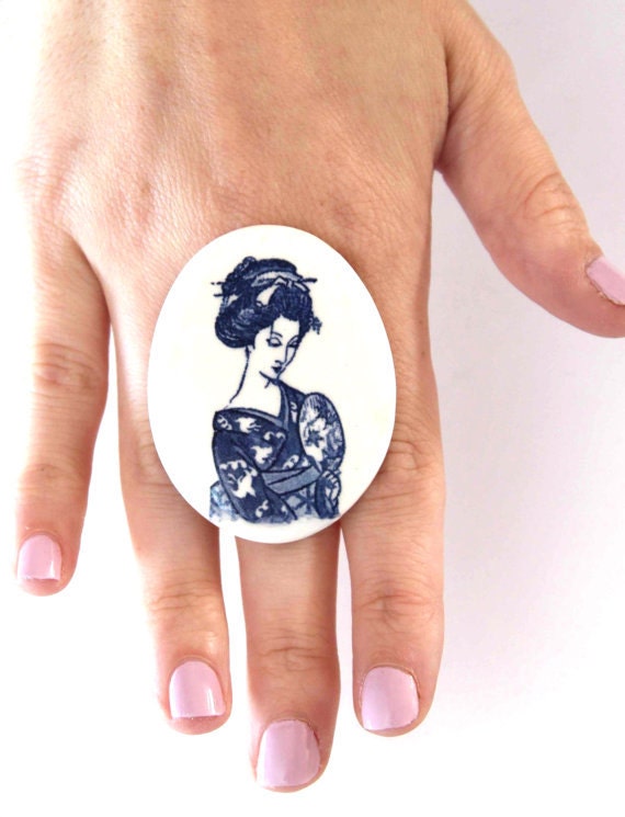 Fashion Cocktail Ring Ceramic - big bold oversize handmade ring - GEISHA GIRL -  2.1 inch