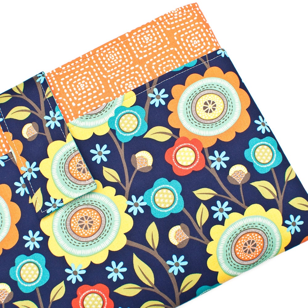 Laptop Sleeve with Pocket -- Navy Blue Stitch Floral  -- 17 18 Inch -- MADE TO ORDER