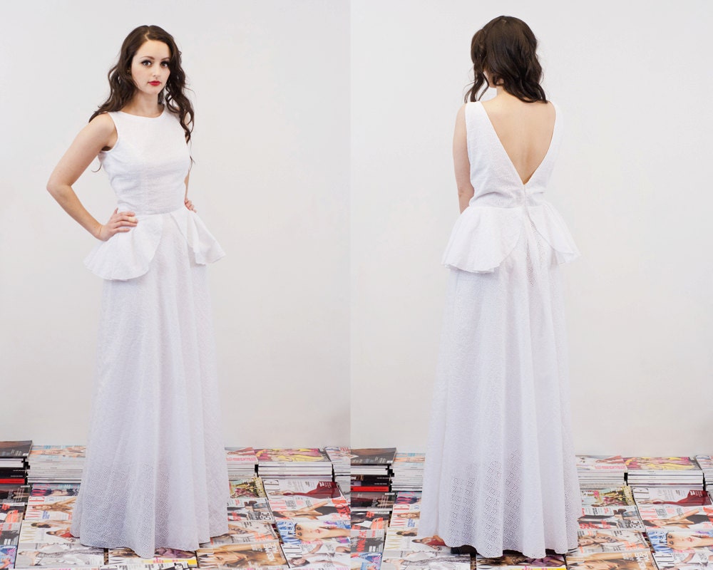 White Cotton Maxi Dress - Bias Cut Skirt - broderie anglaise Peplum - Made to Order