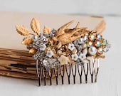 Gold & WHITE Bridal HAIR COMB Gold Vintage Hair Accessory Wedding Gold Hair Comb Something Old Wedding