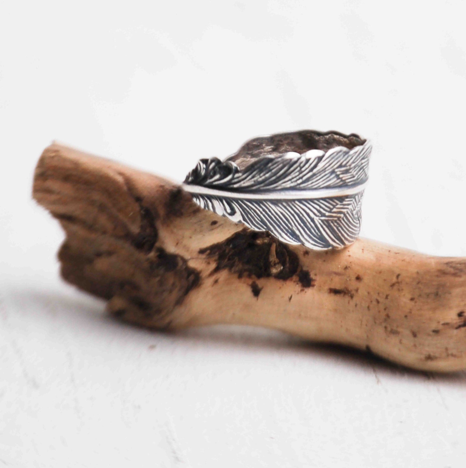 Silver FEATHER Ring Romantic Vintage Style Bohemian Bird Unisex Rustic Nature
