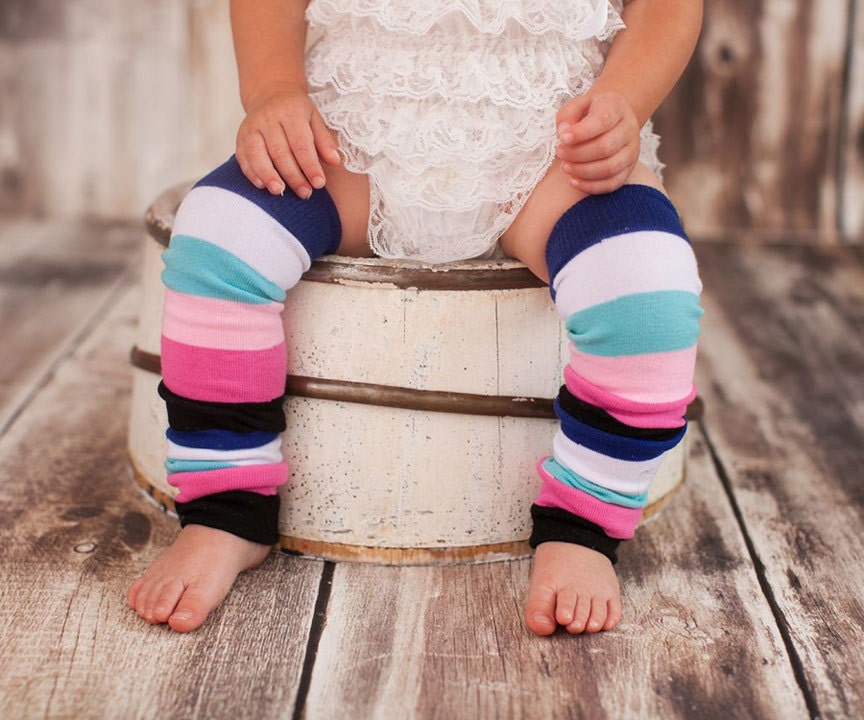 Blue White Pink Striped Baby Leg Warmers