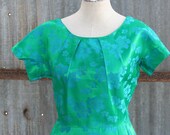 Let's Get This Show on the Road - Bombshell - Satin Damask - Blue Floral on Green - 1950's Vintage Wiggle Dress