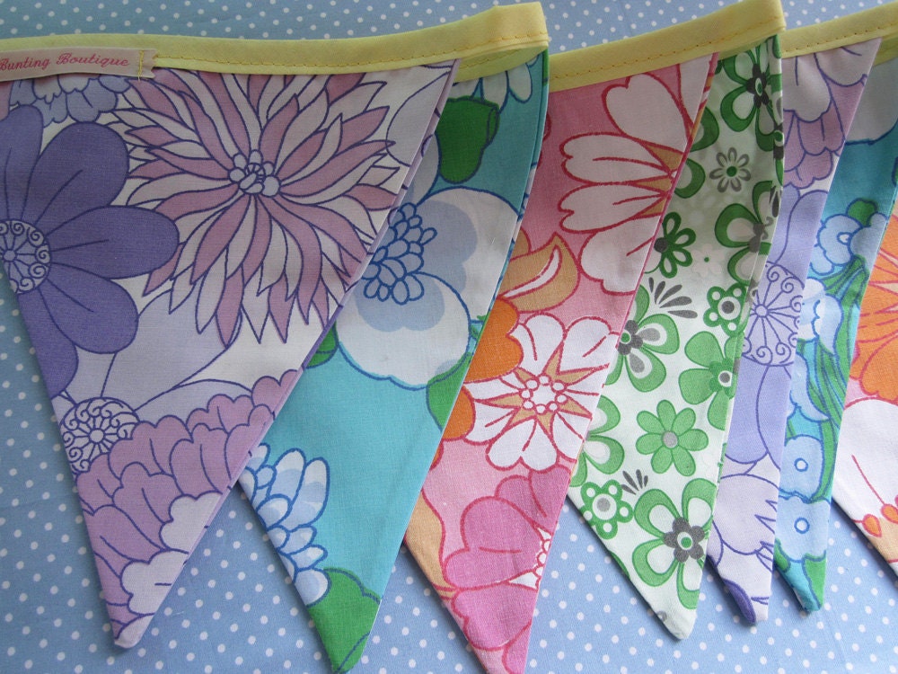 Classic Bunting. Colours -  Turquoise, Purple, Pink, Green and Orange. Fabric Patterns - Retro Flowers.
