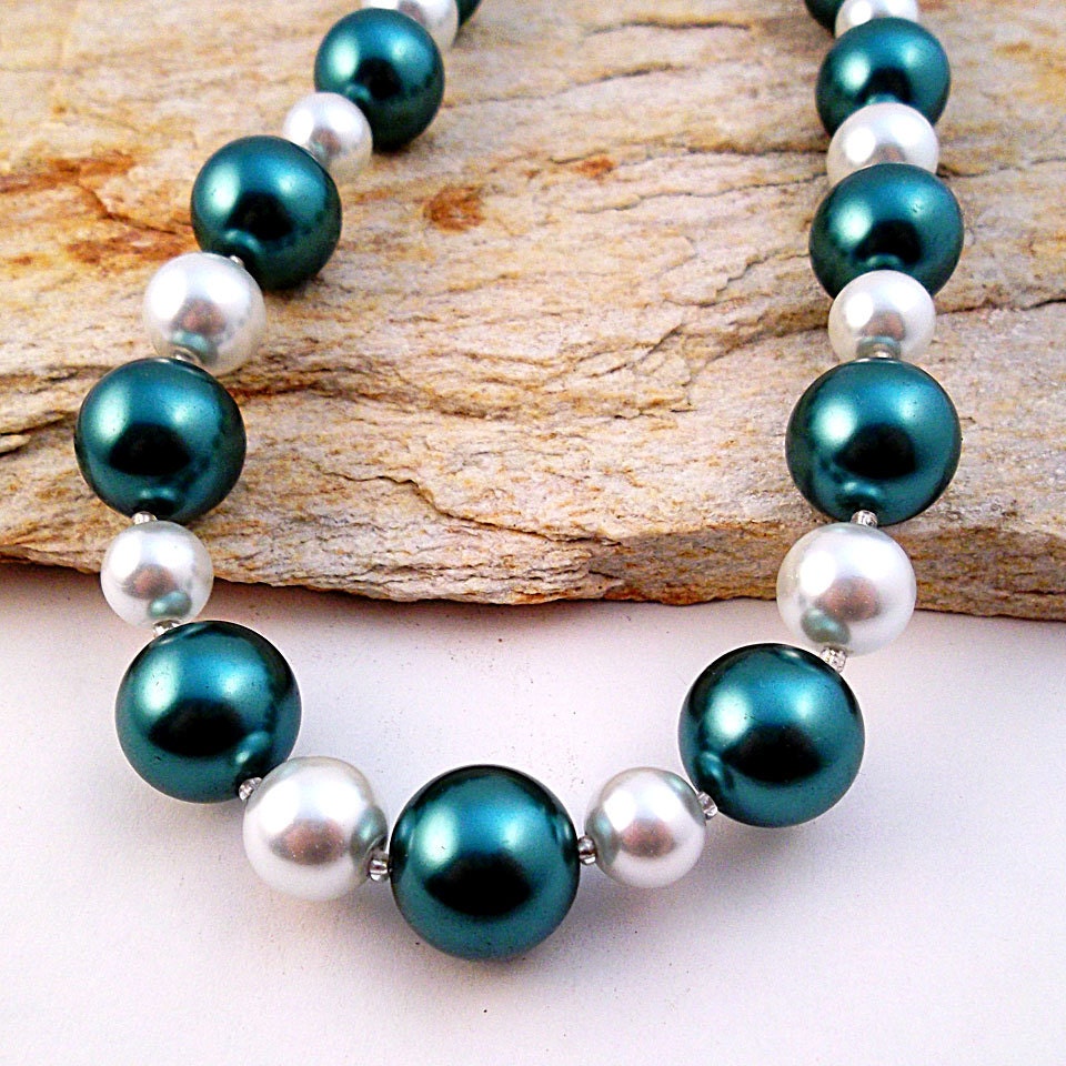 Metal Free, Teal and White Glass Pearl Necklace, Nickel Free