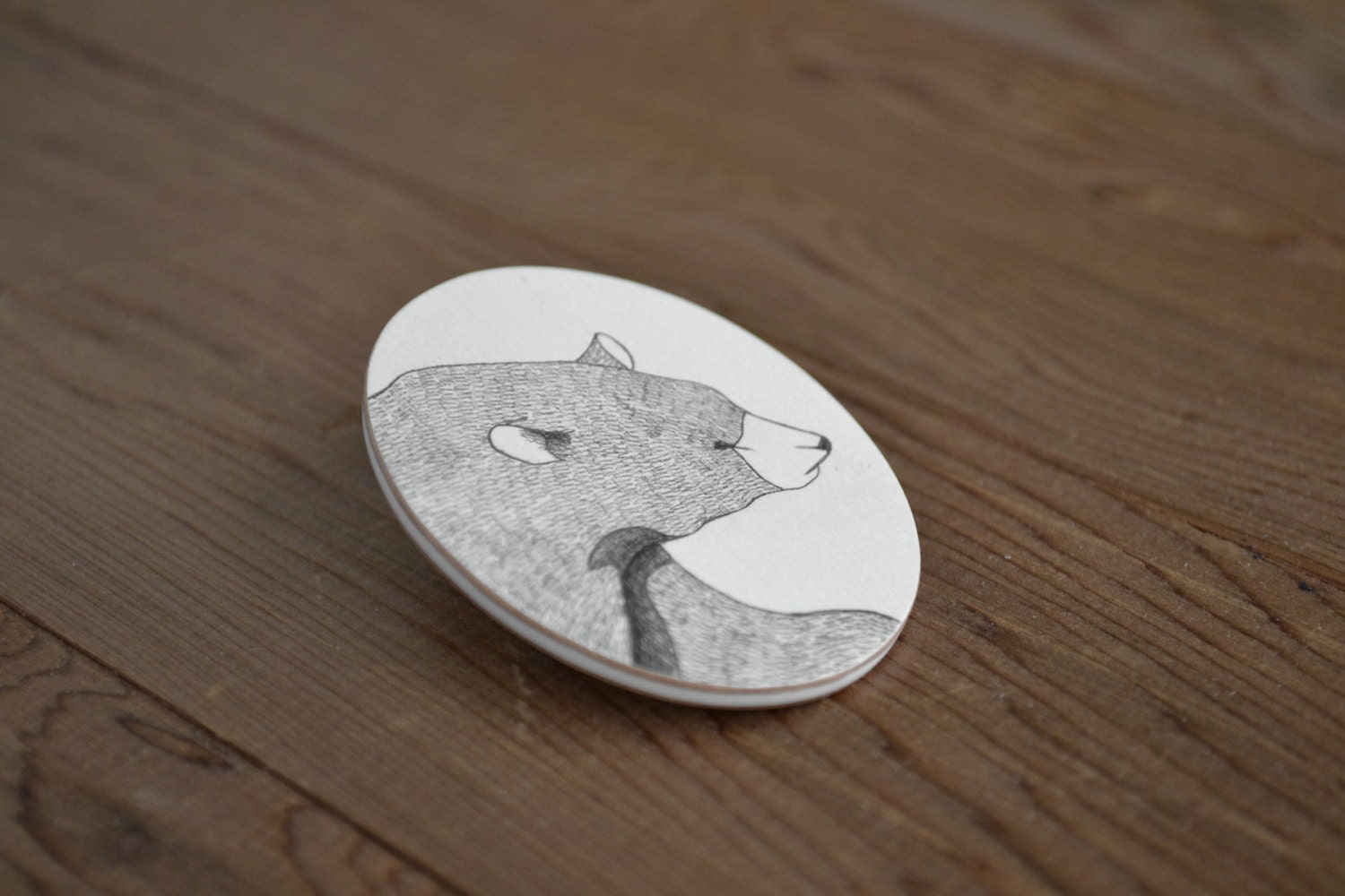 Winter Bear Brooch in Graphite - Hand Sketched Animal Portrait Jewelry