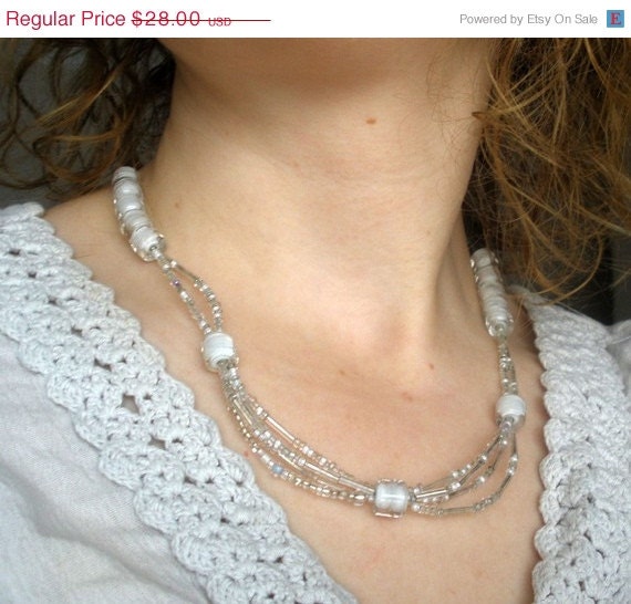 50% off Sale - Frosty Clear Beaded Multistrand Necklace