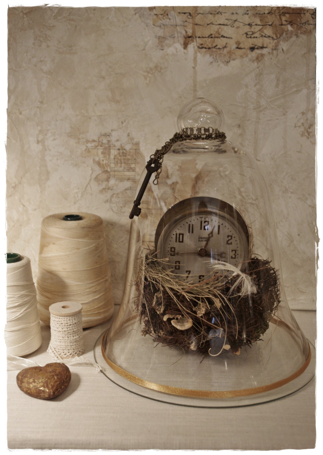 Clock and Nest Assemblage under Glass Cloche