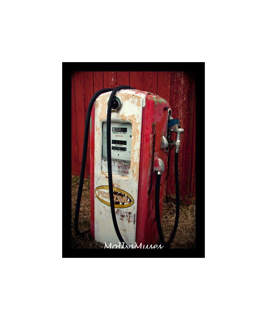 Red Photography Antique Pennzoil Gas Station Pump Americana Decor Red Rustic garage decor