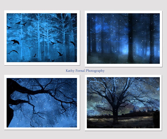 Nature Photography, Surreal Nature, Sparkling Twinkle Lights Stars Trees, Set of Four Fantasy Blue Nature Photos 5" x 7"