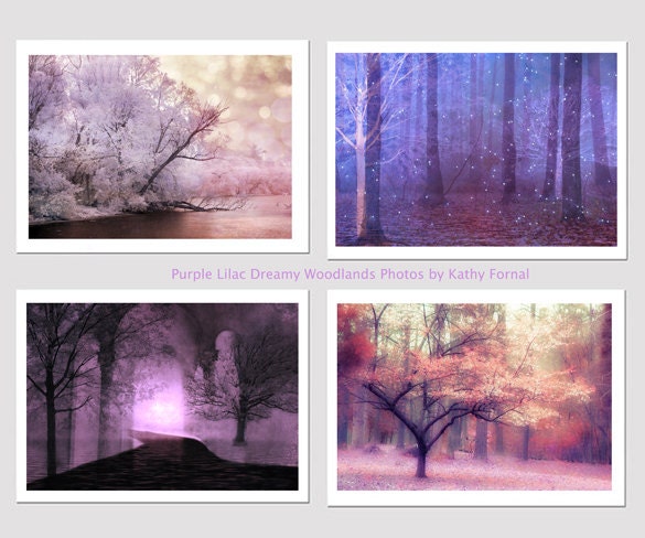 Nature Photography, Dreamy Pink Purple Lilac Peach Nature, Forest Woodlands Trees, Set of Four Fantasy Nature Photos Wall Art 5" x 7"